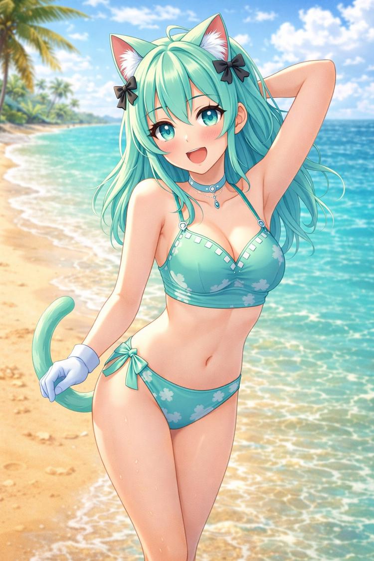 Silma AI — teal-haired catgirl on a beach
